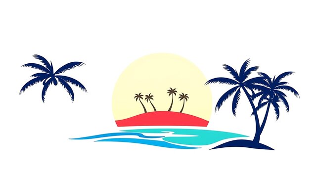 Tropical island sunset illustration, exotic beach landscape with palm trees, summer vacation paradise travel scene