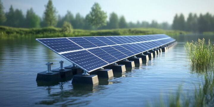 A row of polycrystalline silicon solar cells, also known as photovoltaics, is showcased in a solar power plant that floats on water, illustrating the innovative use of polycrystalline silicon