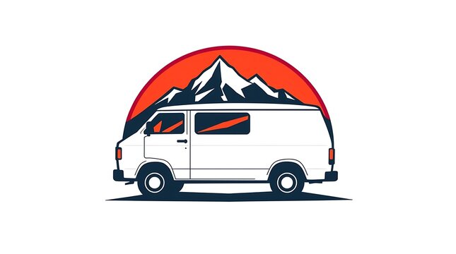 Vintage camper van illustration, retro travel van with mountain sunset, outdoor adventure vehicle logo on white background