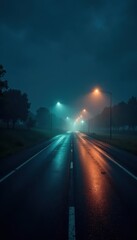 Rainy night on a deserted highway, foggy lights, urban decay, nighttime