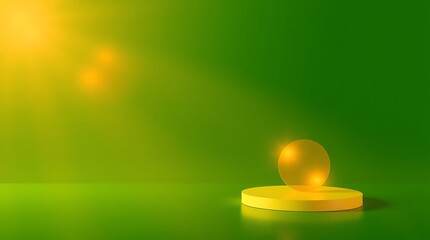 A vibrant green background showcases a yellow cylindrical platform with a translucent golden sphere, ideal for product displays or presentations.