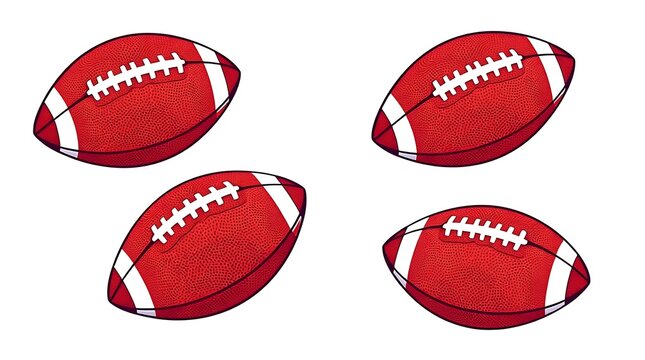 American football ball collection, set of 4 red textured sports balls, hand drawn athletic equipment icons on white