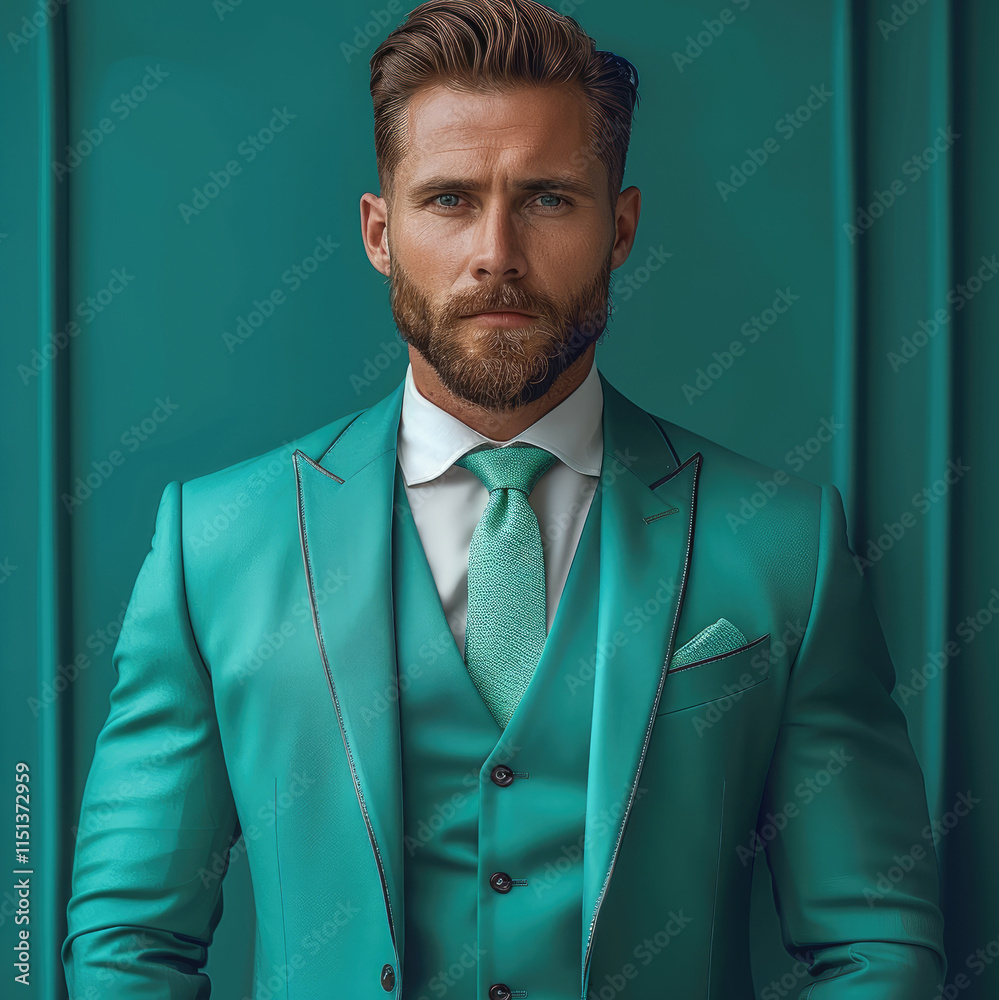 Poster white men wearing a three piece teal color suit in front of a solid background.
