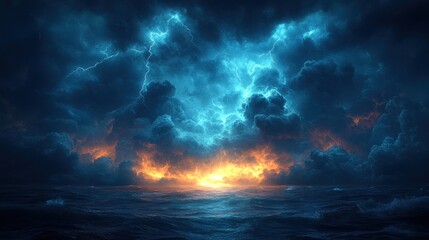 Fototapeta premium Fiery, stormy ocean; electric sky.