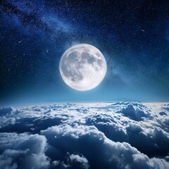 Fototapeta premium Night picture with bright moon above clouds at starry sky.