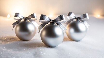 Shimmering Silver Christmas Baubles Adorned with Delicate Ribbons, Glowing Softly Against a  White Background"