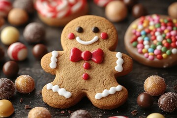 cheerful gingerbread man with a wide smile and a bright red bow tie, set against a festive background of candy and sweets, capturing the spirit of joy and holiday celebrations