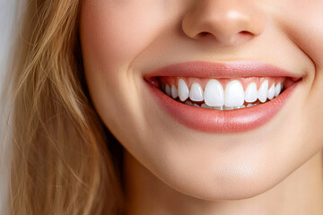Obraz premium Bright smiling caucasian female showing perfect white teeth