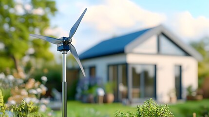 Compact home wind turbine enhances green energy production in a modern residential garden setting
