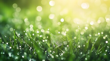 Dew-covered spiderweb sparkling in the sunlight on early morning grass
