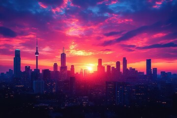 Fototapeta premium city skyline at dusk, with skyscrapers silhouetted against a vibrant sunset sky, blending shades of orange, pink, and purple, showcasing an urban landscape filled with life and energy
