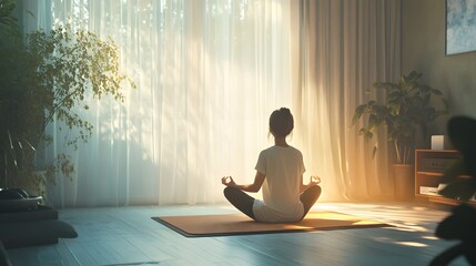 Meditation practice on a yoga mat in a serene room with natural light and plants in the background