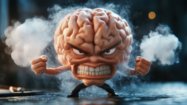 Angry Brain Figurine Steaming Mad 3D Render:  A Furious Digital Artwork