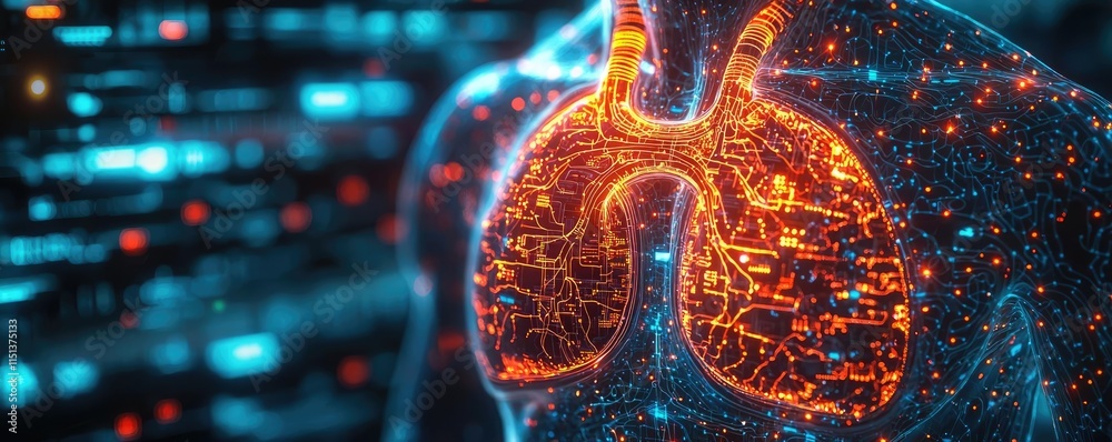 Poster chronic lower respiratory disease concept. digital representation of a human lung illuminated with b