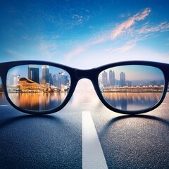 Modern bright city view through eyeglasses