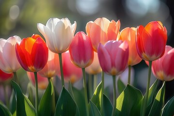 Obraz premium close-up of a stunning bouquet of tulips showcasing a symphony of colors including red, pink, orange, and white, capturing the delicate beauty and freshness of spring flowers