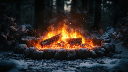 Campfire ablaze, winter forest setting.