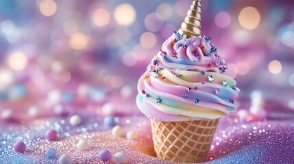 A magical dessert display featuring a unicorn-themed ice cream cone, pastel rainbow swirls adorned with edible glitter and candy stars, topped with a shimmering unicorn horn,