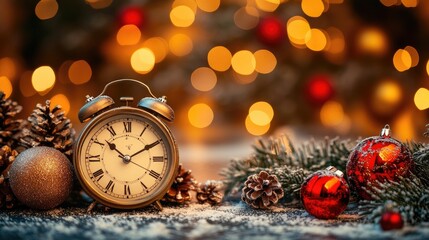 A Celebration of Christmas tree, Santa Claus with gift box, champagne and Beautiful Christmas holiday frame of fir branches with happy new year 2025