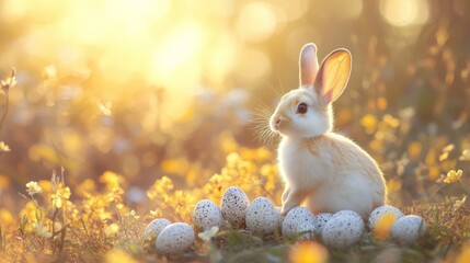 Fototapeta premium Adorable Bunny Rabbit Amidst Easter Eggs and Blossoms