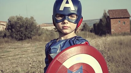 Small child dressed as a superhero poses with a shield in a rural landscape during daylight