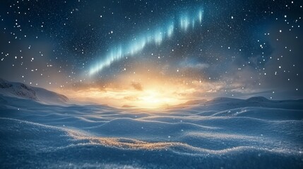 Fototapeta premium Dreamlike Winter Landscape with Snowy Terrain and Northern Lights Overhead, Evoking a Magical Holiday Atmosphere