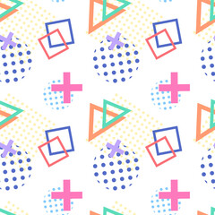 Colorful seamless pattern featuring geometric shapes such as triangles, squares, crosses, and dotted circles in vibrant tones.