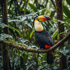 Fototapeta premium A toucan with its vivid beak sitting on a vine in a dense tropical forest.
