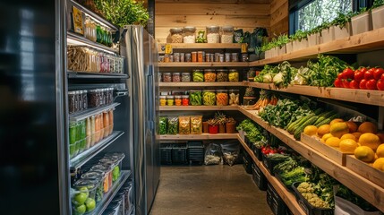 Organized pantry filled with fresh produce and preserved goods