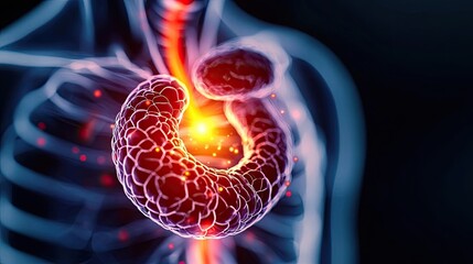 Gastroesophageal reflux disease concept. Illustration of the human stomach with glowing effects, showcasing its intricate structure.