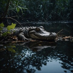 Obraz premium A caiman lying still in a dark river, with overhanging roots and leaves reflected in the water.