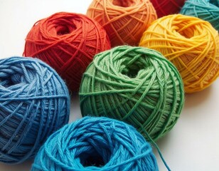 Brightly colored yarn balls in red, blue, yellow, and green on white background