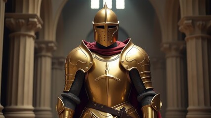 a large warrior in golden armor stands in the castle