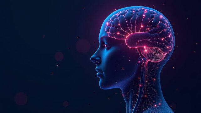 Side view of female cyborg head with bright neon brain on dark background