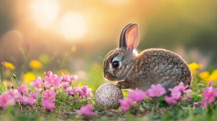 Fototapeta premium A Baby Bunny Beside A Colorful Easter Egg In Flowers