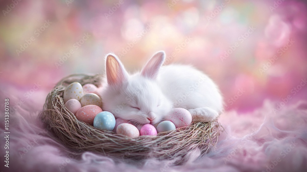 Sticker White Bunny Sleeping Nest Easter Eggs