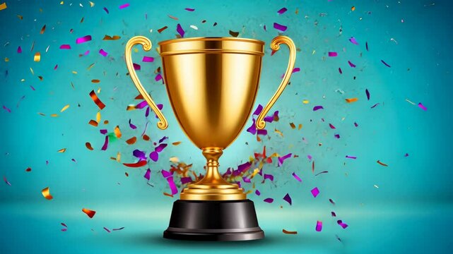 Golden trophy surrounded by colorful confetti celebrating achievement in a festive atmosphere