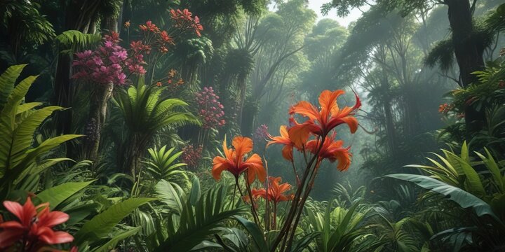 The vibrant colors of exotic flowers amidst the lush growth of a Borneo Forest , Barito Timur, tropical forest