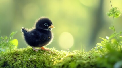 Fototapeta premium A tiny black chick rests on mossy ground in sunlight