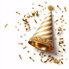 New year festive celebrate concept. A festive gold party hat surrounded by sparkling confetti and ribbons, perfect for celebrations and joyful moments.