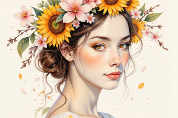 Naklejka premium Beautiful girl wearing a flower crown posing on white background