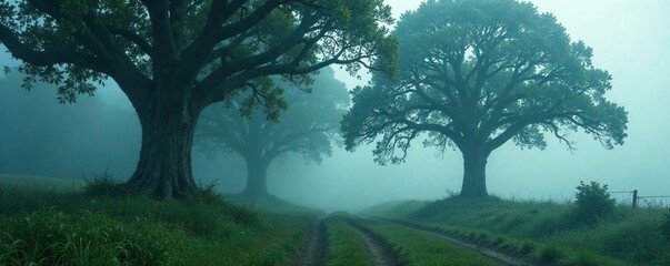 Velvety fog swirls around ancient cypress trees, southern, fog, eerie