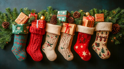 Colorful christmas stockings hung with gifts and pinecones on evergreen garland