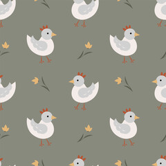 Seamless pattern with chickens and tulips on a gray background