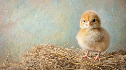 A Fluffy Little Chick Stands On Hay