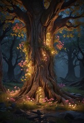Winding vines with glowing flowers twine around ancient tree trunks as a gentle brook babbles through the darkness, sparkling dewdrops, forest floor, glowing flowers
