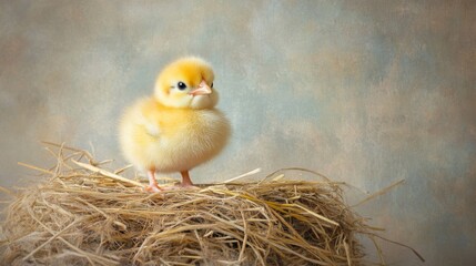 A Fluffy Yellow Chick Stands in a Hay Nest