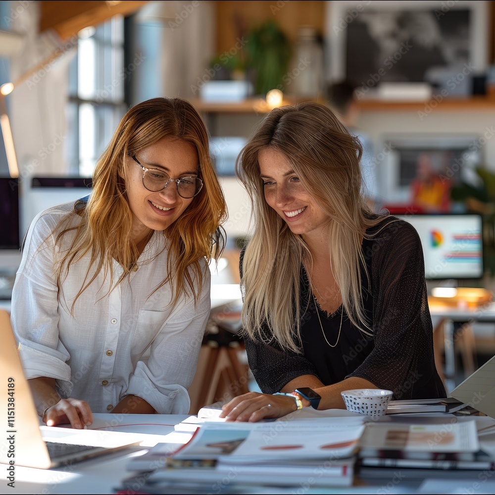 Leinwandbilder two women. website developer and designer working on website in office daylight.