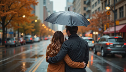 Romantic couple under an umbrella on a rainy autumn city street.