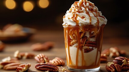 A rustic dessert presentation of salted caramel ice cream in a tall glass jar, drizzled with caramel sauce, crowned with whipped cream, and garnished with caramelized pecans,